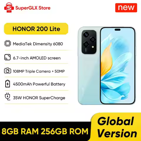 Global Version Original HONOR 200 Lite 256GB ROM 5G Smartphone Mediatek Dimensity 6080 6.7'' 90Hz AM