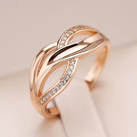 Kinel New Unique Creative 585 Rose Gold Women Rings Micro-wax Inlay Natural Zircon Geometry Cross Ri
