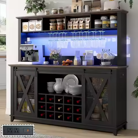 63"Wide 58"H Coffee Bar LED Light,Wine Bar Cabinet w/ 4 Storage Hutch, with 15 Wine and Racks Kitche