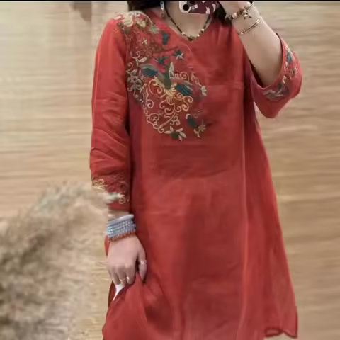 Heavy Industry Embroidered Ethnic Style Dress Mid-length Summer New Style Retro Top Nine-point Sleev