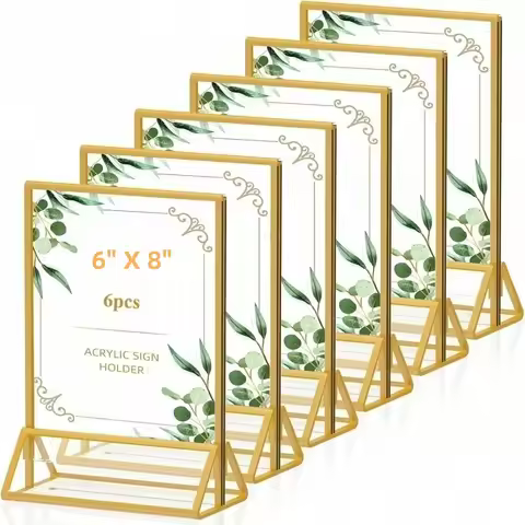Pack of 6 6x8 Gold Picture Frame Double-Sided Acrylic Sign Holders for Wedding Table Numbers Menu Bo