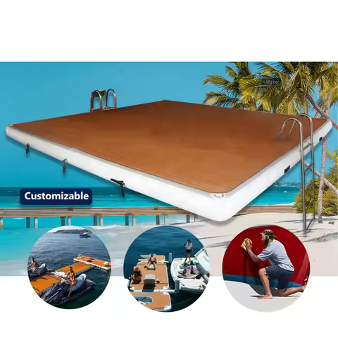 Inflatable Floating Dock Ride-ons 8/5ft Swim Platform Dock Inflatable Water Mat with Ladder&Hand Pum
