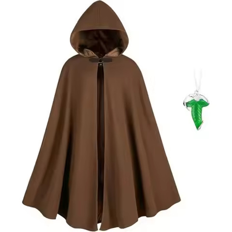 2PCS/SET Medieval Men's Hooded Cloak Outfit Cape with Leaf Brooch Dark Green Long Fabric Full Set fo
