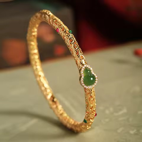Lustrous auspicious clouds gourd bracelet for women Natural Hotan Jade Green bangles Vintage Chinese
