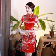 Cheongsam Dress Satin Mid Length Cheongsam Fashion Satin Plus Size Banquet Party Cheongsam(S-5XL)