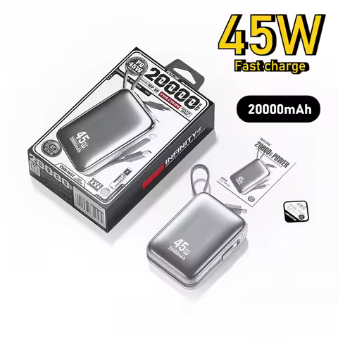 45W Fast Charging Power Bank 20000mAh Built-in 2 Cables Portable Spare Battery for Samsung IPhone Xi
