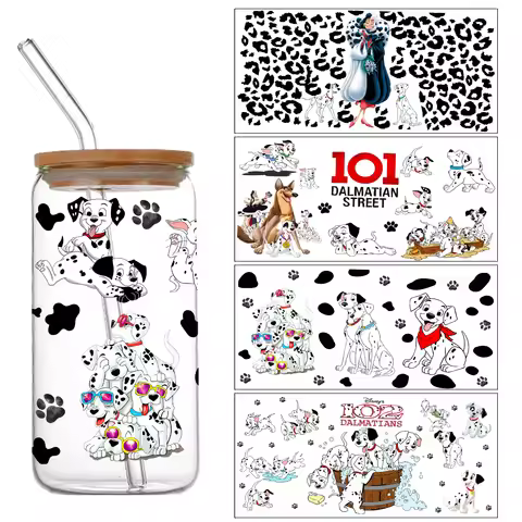 Popular Designs UV DTF 3D Cute 101 Dalmatians Cartoon Dog Transfer Sticker 16oz Glass Can Cup Coffee