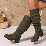 New Olive Green Women's Fashion Boots, Thick Heel Thick Sole Round Toe Pleated Mid-Calf Boots, Suita