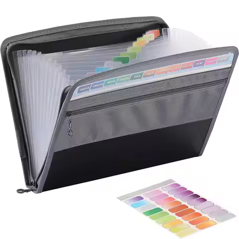 1-Pack Accordion-Style Expandable File Bag, A4 File Organizer, 13 Pockets, with Adhesive Tags, Proje