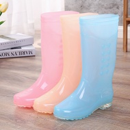 KY/💯Women's Fashionable Jelly Color Rain Boots High Tube to Prevent Water Sliding Autumn and Winter Rubber Shoes Cotton-