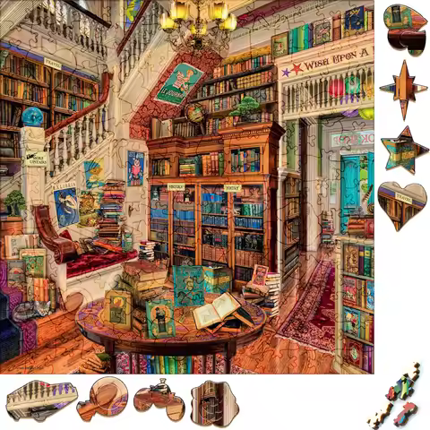 Unique Wooden Puzzles Exquisite Bookstore Wood Jigsaw Puzzle Craft Irregular Family Interactive Puzz