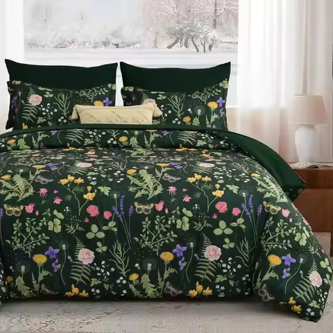 Queen Comforter Set 7 Piece, Dark Green Floral Bedding Set, Bed in a Bag Queen with Botanical Flower