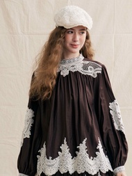 Original Design IRIS BOUTIQUE autumn 26 IS75074-IK75074-1Deep Coffee Lace Yoke Blouse&Deep Coffee La
