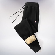 Winter Mens Cotton Tight Track Pants Fleece-Lined Thick Lambskin Knitted Sweatpants Casual Pants Men