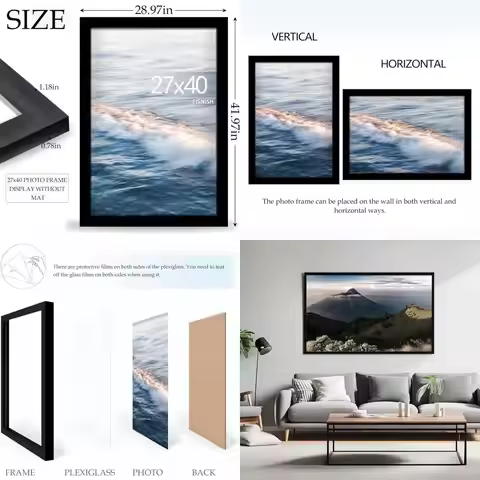 Black 27x40 Inch Movie Poster Frame with HD Plexiglass for Wall Mounting in Horizontal or Vertical O