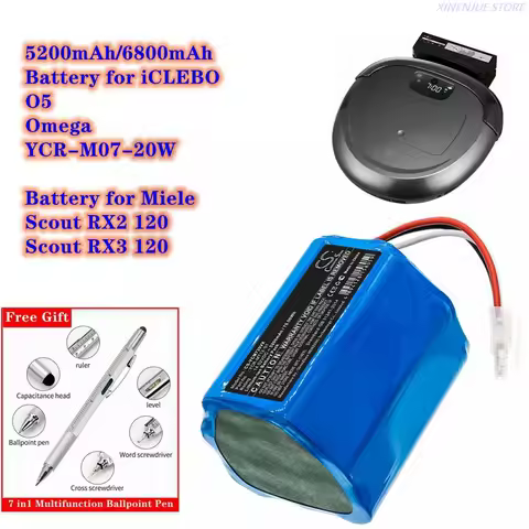 Robot Vacuum Cleaner Battery 5200mAh/6800mAh YCR-MT12-S1 for iCLEBO Omega O5, YCR-M07-20W, for Miele
