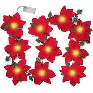 Poinsettia Garland Christmas Decorations with Lights, Pre-Lit Velvet Silk Artificial Flowers 6ft Garland with Red Berries and Holly Leaves for Indoor Outdoor Party Tree Decor