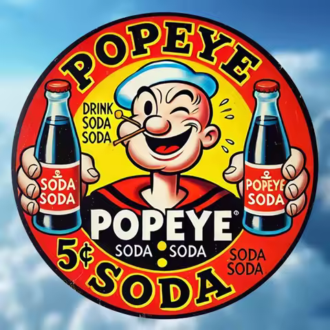 1pc, Popeye & Soda, Vintage Reusable Classic 20.32cm Round Metal Sign, Five Cent Happy Hour, for Hom