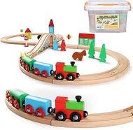 SainSmart Jr. Wooden Train Set for Toddler with Container, Double-Side Train Tracks Fits Brio, Thoma