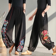 Chinese Style Embroidery Long Pants Vintage Cotton Linen Loose Casual Women Plus Size Pants
