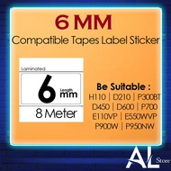 6mm compatible label tape Label Printer PT-H110 D210 D450 D600 P700 E110VP E300VP P300BT P710 Tape S