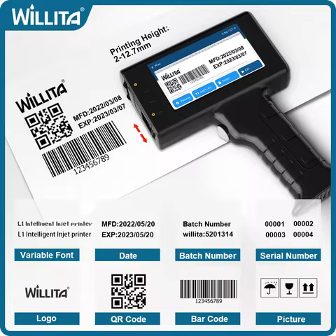 Willita Portable Handheld Inkjet Printer - Date/Batch No./Barcode/QR Code/Logo Printer for Labels Co