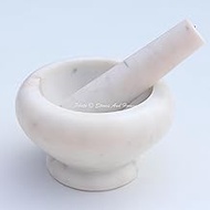 Stones And Homes Indian White Mortar and Pestle Set Big Bowl Marble Stone Molcajete Herbs Spices for Home and Kitchen 5 Inch Polished Robust Round Herbs Spices Stone Grinder - (13 x 8 cm)