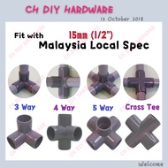 MALAYSIA SPEC 15MM (1/2") PVC PIPE FITTING 3WAY, 4WAY, 5WAY, CROSS TEE PIPE JOINT CONNECTOR DIY ART,