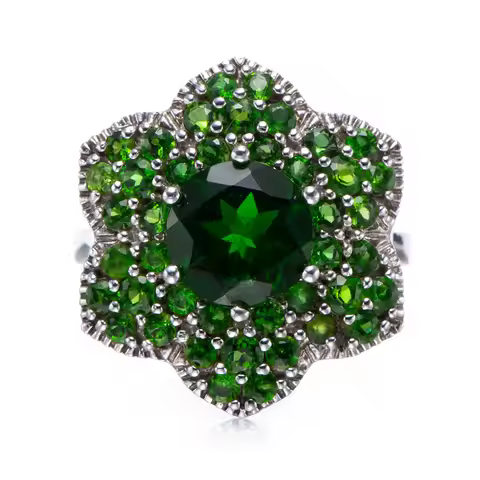 BOSEOK 8mm Chrome diopside Rhodium Over Sterling Silver Ring R3793