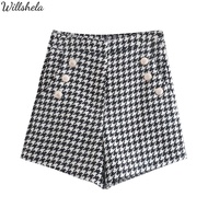 Willshela ผู้หญิงแฟชั่น Houndstooth ลายสก๊อต A-Line สูทกางเกงขาสั้นผ้าฝ้ายเอวสูงด้านหน้าซิปสบายๆเกาห