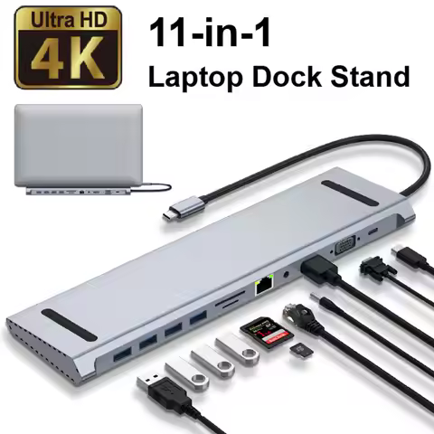 11-in-1 USB-C Hub Dock Stand, 4K HDTV, VGA, PD Charging, RJ45 Ethernet, USB 3.0, SD TF, Audio Laptop