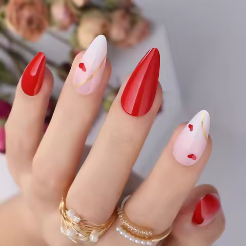 Medium Almond Red Fake nails Stiletto Heart nails Ombre Babyboom Artificial False nails Pink Press o