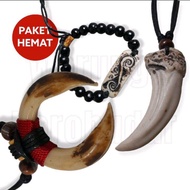 Paket Hemat 3pcs ( Kalung Taring + Sepasang Taring Babi Mini + Gelang Etnik )