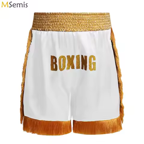 Kids Boys Boxer Training Martial Arts Shorts Metallic Side Slit Tassels Satin Shorts Boxing Performa
