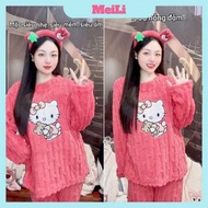 HELLO KITTY Cotton Set - Thermal Fur Pajamas, Hello Kitty Fur Pajamas, Women's Cream Fur Pajamas (wh