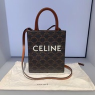 Celine Mini Vertical Cabas in Triomphe Canvas and calfskin with Celine print 手袋 /