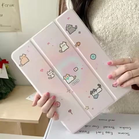 Tri-fold Mirror with Pencil Holder Cute Pixel Art Cat Tablet Case for iPad Mini 6 7 8.3in Air1 2 5 6