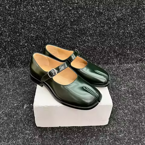 Tabi Mary Janes Flats Spilt Toe Shoes Black Green Loafer Buckle Pumps Leather Shoes For Women
