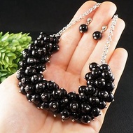 Black Glass Necklace and Earrings Jewelry Set Blackberry Chunky Beaded Necklace