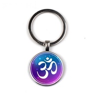 Vintage Mandala & AUM OM Symbol Keychain Glass Cabochon Time Gem Pendant Key Ring Religion Zen Yoga 