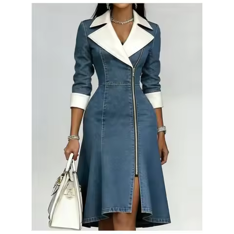 Fall Fashion Patchwork White V Neck Denim Dress Slim Fitted Waist Hugging Zipper Blouse Dress Elegan