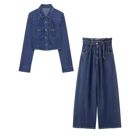 Women's Short Denim Shirt Top Belt Paper Bag High Waist Jeans Set Spring/Summer New Women's Top
