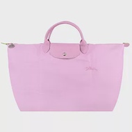 LONGCHAMP LE PLIAGE GREEN系列刺繡短把再生尼龍摺疊旅行袋(小) 粉紅