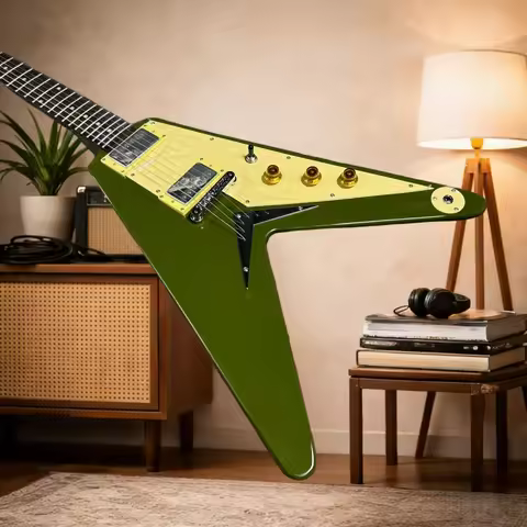Green Flying V Electric Guitar Light Yellow Protective Board Powerful Bass Handcrafted Free Delivery