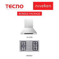 (HOOD + HOB) Tecno KA2038 (60cm) Chimney Cooker Hood + Tecno SR838SV (90cm) 3-Burner Stainless Steel Cooker Hob with Inferno Wok Burner Technology