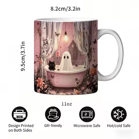 1pc Ghost Cat Fantasy Themed Ceramic Coffee Mug with Double-Sided Pattern Design, Reusable, Easy to 