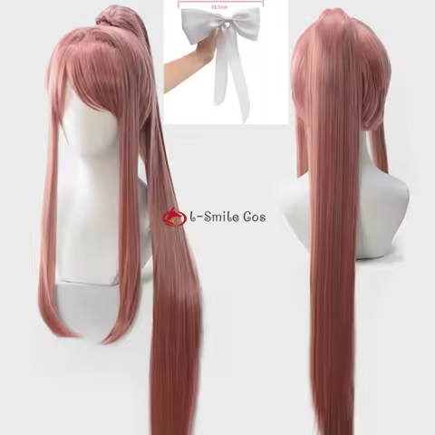 Monika Cosplay DDLC Cosplay Wig with 100cm Long Ponytail Bownot Hairpin Anime Cosplay Wigs Heat Resi