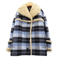 近全新 Miu Miu 格紋毛邊羊羔絨大衣，羊毛外套，粗呢大衣，羊毛/皮草混紡，藍色，0451 [二手] MIUMIU