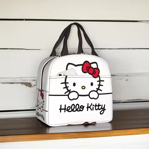 Sanrio Hello Kitty Insulated Handbag White Hello Kitty Pattern Rectangular Handbag Suitable for Trav