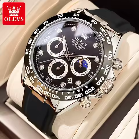 OLEVS Watch Moon Phase Quartz Watches For Men Waterproof Luminous Silicone Strap Business Male Clock